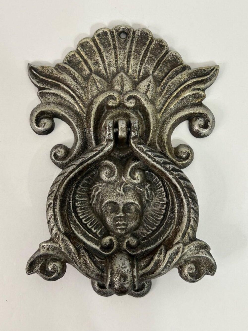 Fancy Antique-Style Cast Iron Door Knocker Cherub Design Ornate Scrollwork Heavy